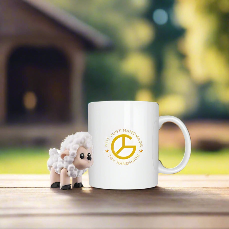 Sheep keychain placed next to a small plant on a tabletop, giving a natural, rustic feel. The character’s calm and happy look adds warmth to any scene.