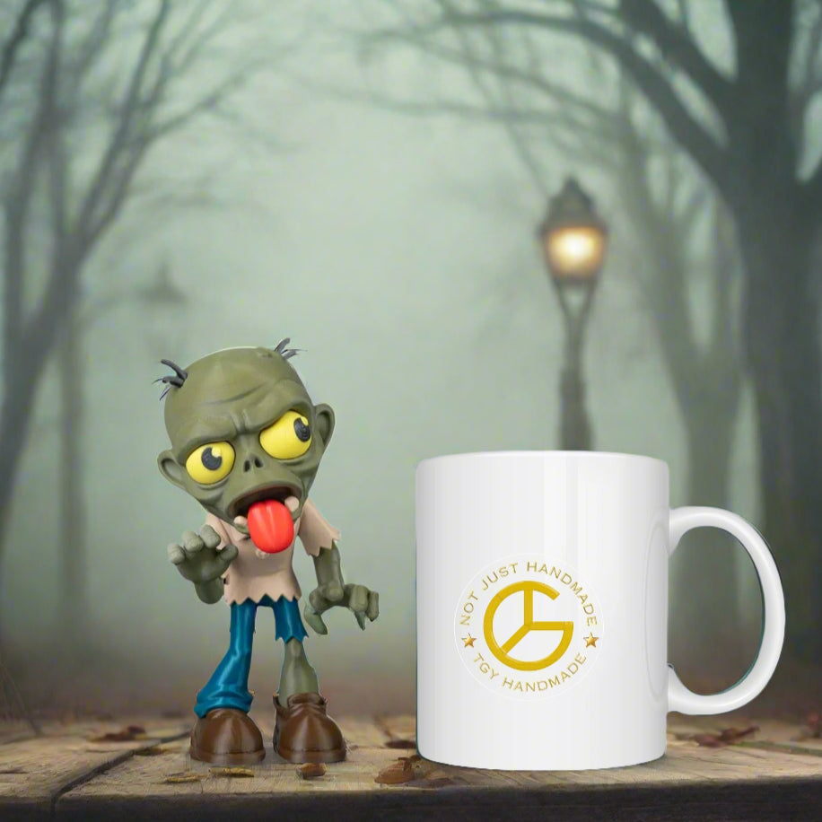 Zombie figurine next to a mug with a logo in a foggy forest setting