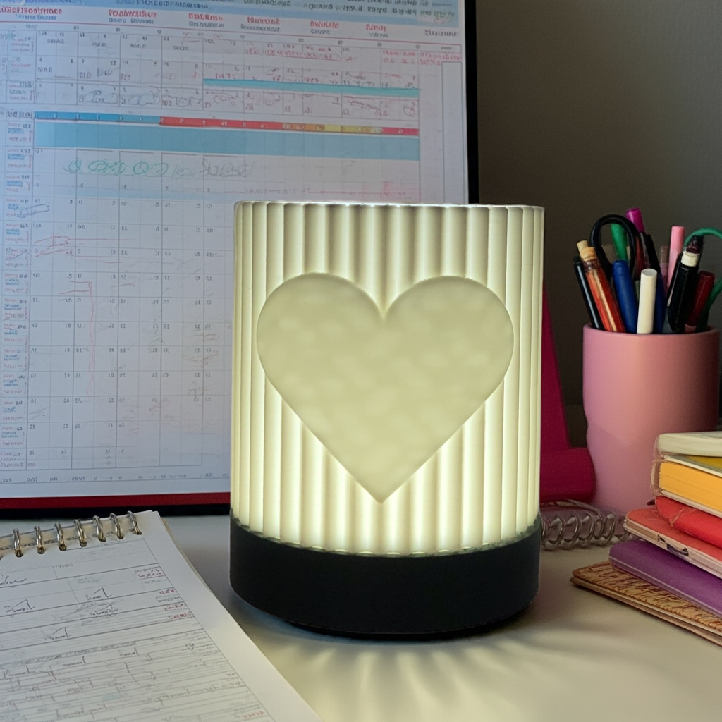 Heart-shaped night light on a desk with stationery items and a calendar in the background