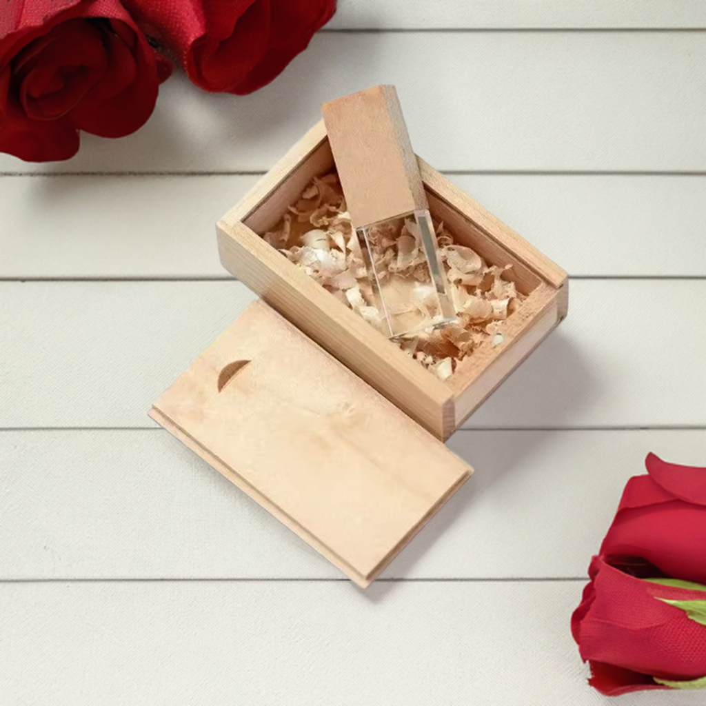 A close-up of the USB drive, highlighting the stunning combination of natural wood and transparent crystal for a sophisticated look.