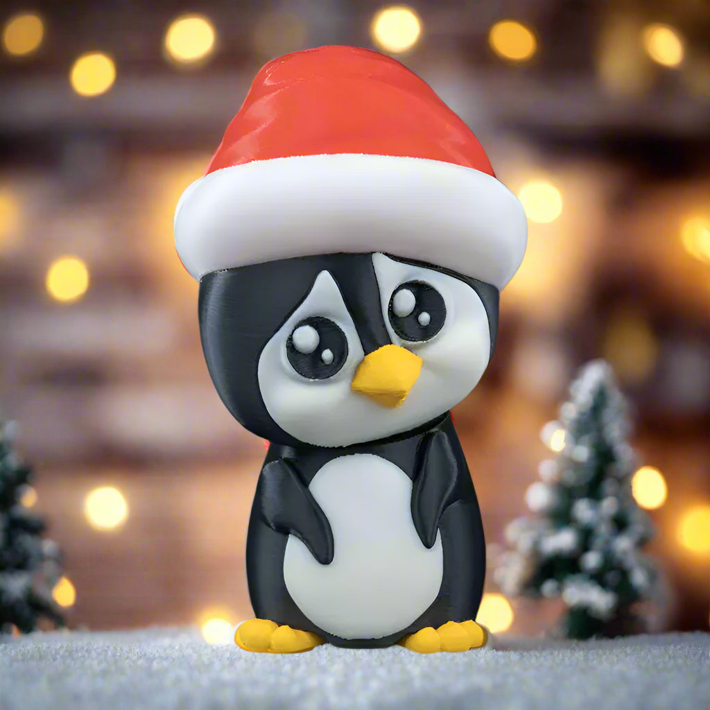 Penguin figurine wearing a Santa hat with a festive background