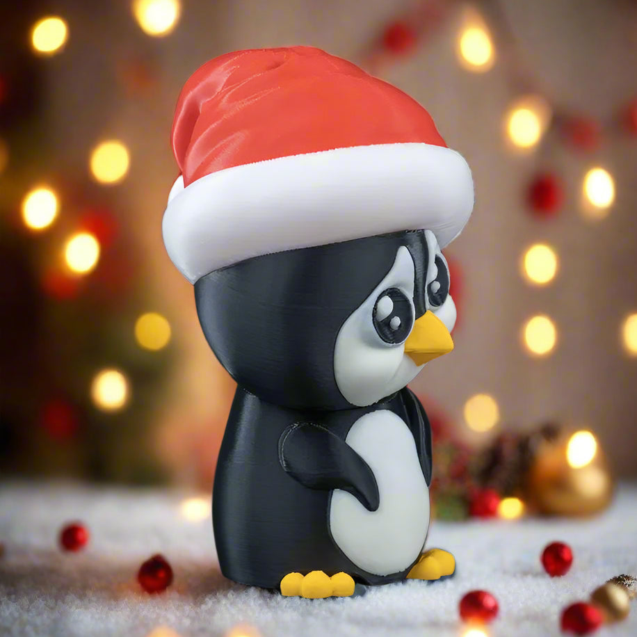 Penguin figurine wearing a Santa hat on a black background