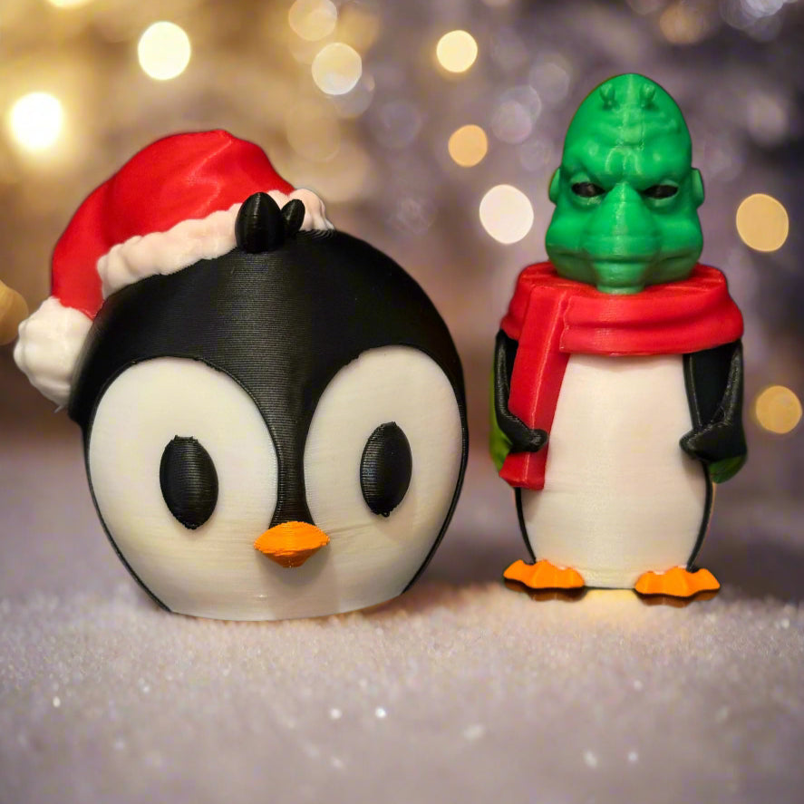 Penguin E.T. figurine in a winter hat, eco-friendly holiday decoration