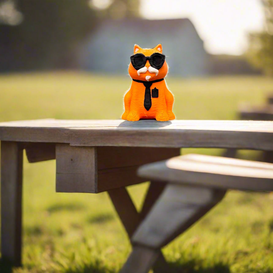 Orange cat keychain in a close-up shot that emphasizes the sunglasses and necktie. Its bright color and cool expression make it eye-catching.