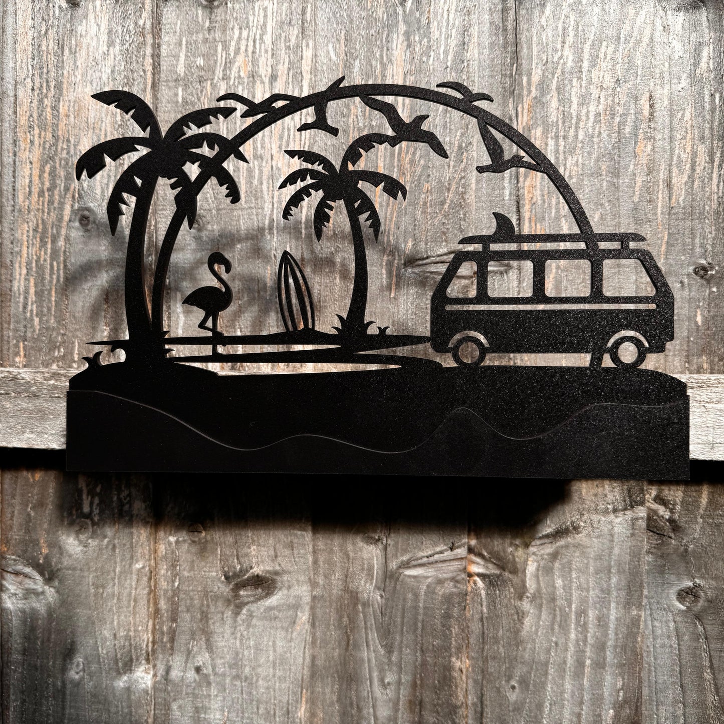 Wooden decorative wall sign in a stylish indoor hallway, mounted securely, blending natural textures with modern black tones for interior décor.