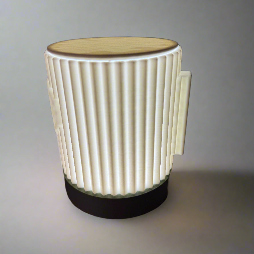 Decorative lamp with LED lights on a wooden surface