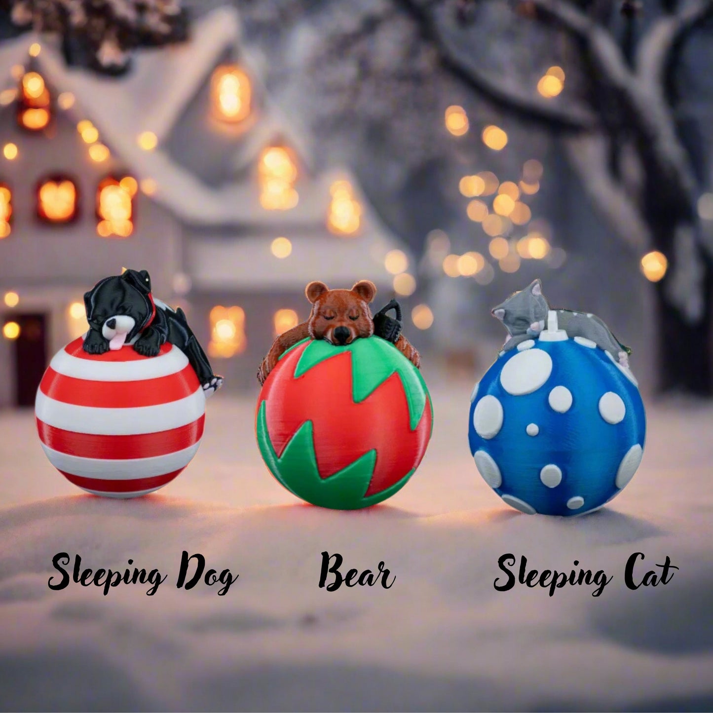 Sleeping Dog, Bear & Cat Christmas tree ornament Collection