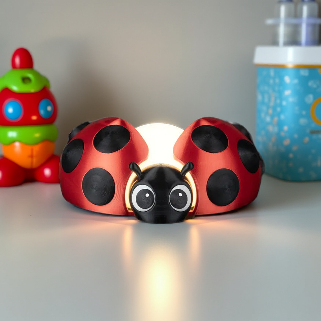 Ladybug-shaped night light on a surface with toys in the background