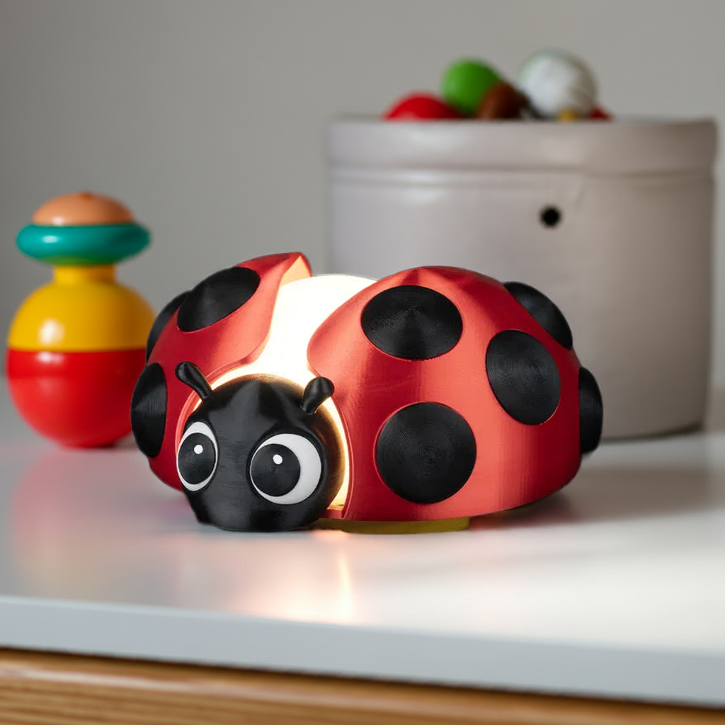 Red and black ladybug-shaped night light on a surface with toys in the background