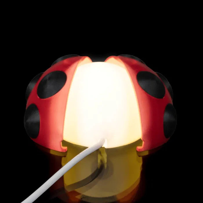 Lamp shaped like a ladybug with a white cord on a black background