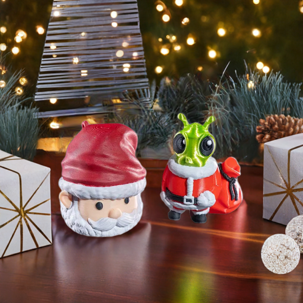 A Christmas decoration featuring a Santa Claus figure with a removable head, revealing a green alien wearing a Santa suit underneath.