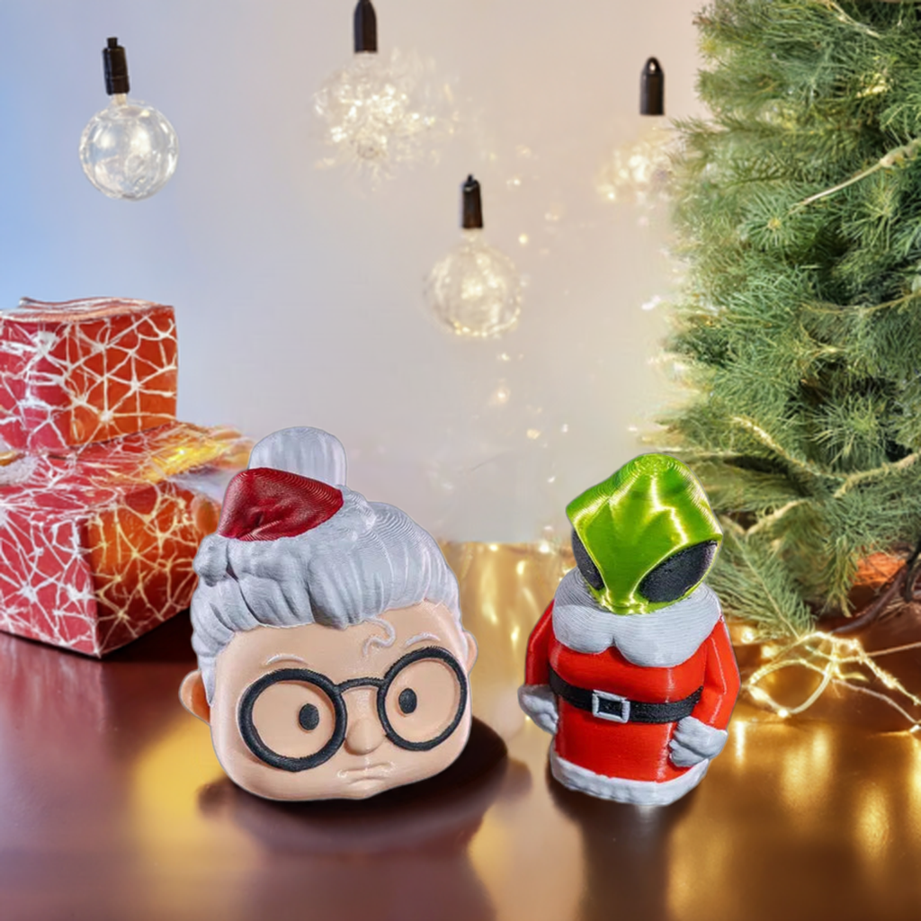 A whimsical holiday decoration featuring a figure resembling Mrs. Santa E.