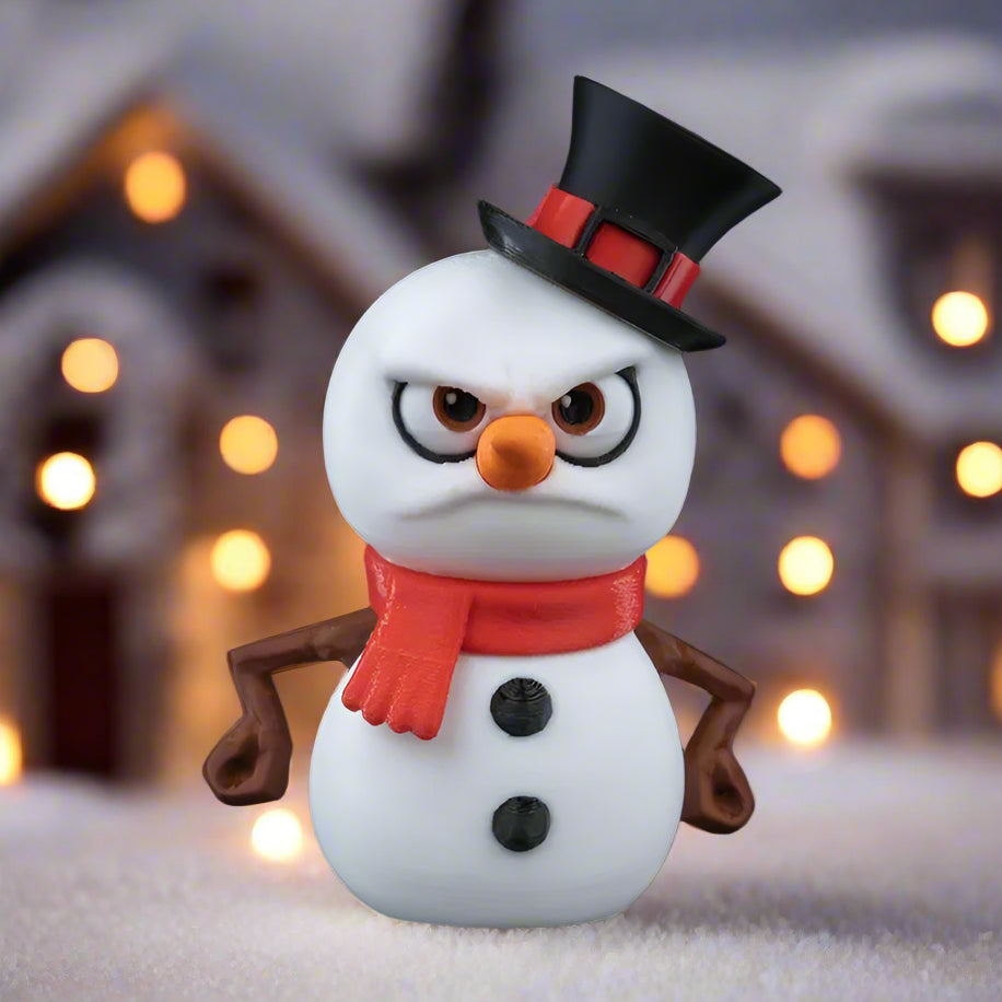 Frosty the Snowman figurine with a friendly smile, carrot nose, and scarf