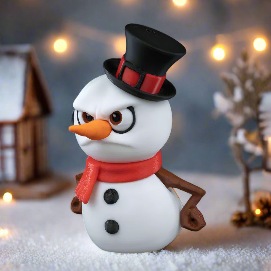 Close-up of Frosty the Snowman showing detailed 3D print craftsmanship
