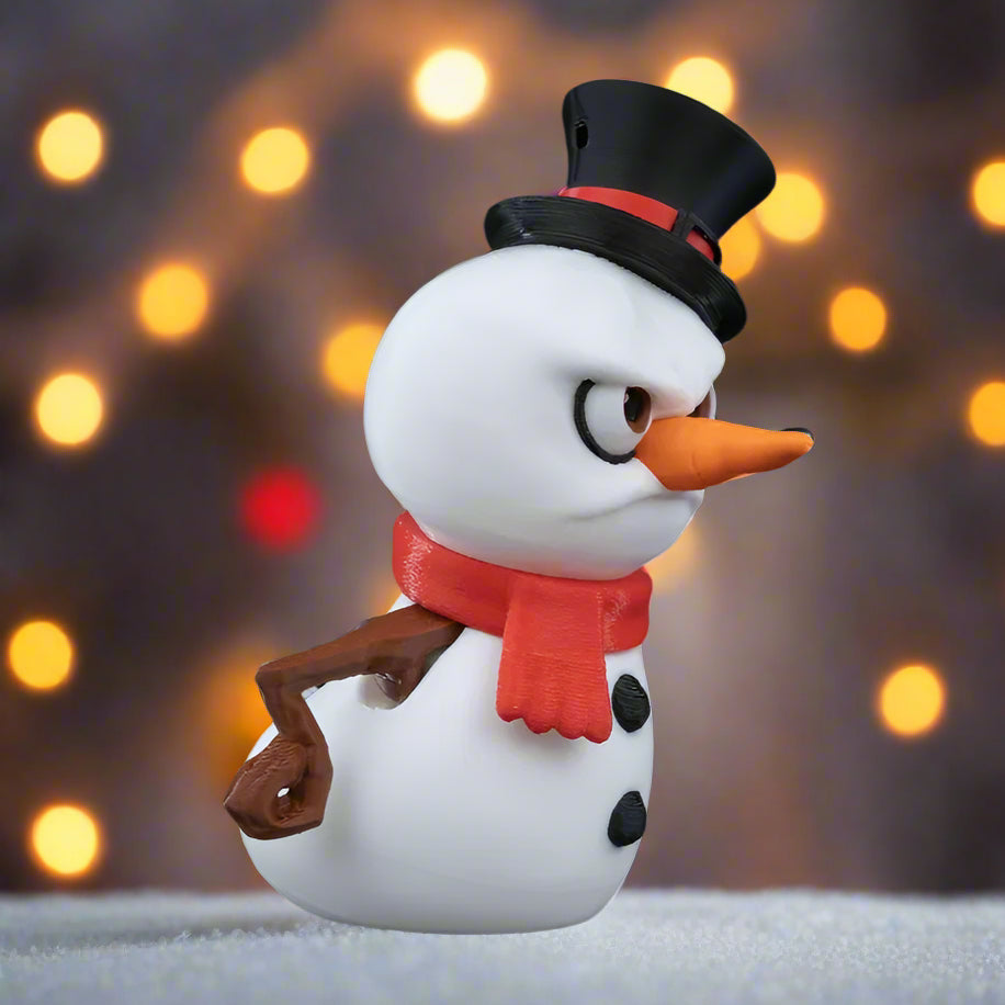 Frosty the Snowman displayed on a festive mantel with holiday decorations.