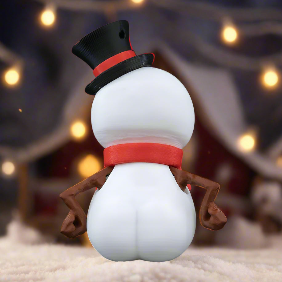 Frosty the Snowman sitting on a Christmas tree branch with ornaments