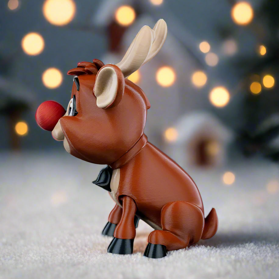Eco-friendly 3D printed Rudy the Red-Nose reindeer on display.