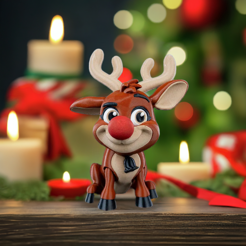 A 3D-printed reindeer Christmas ornament with a red nose, displayed in a cozy holiday setting with candles and Christmas decorations in the background.