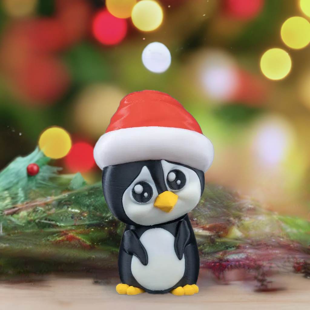 A 3D printed black and white penguin with a red Santa hat, positioned in front of a Christmas tree with lights.