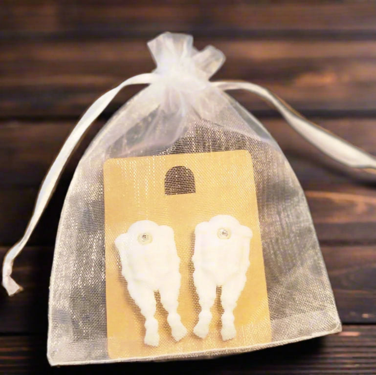 Close-up of the earring hook and attachment, showing how comfortable and easy it is to wear, even for children with sensitive ears.