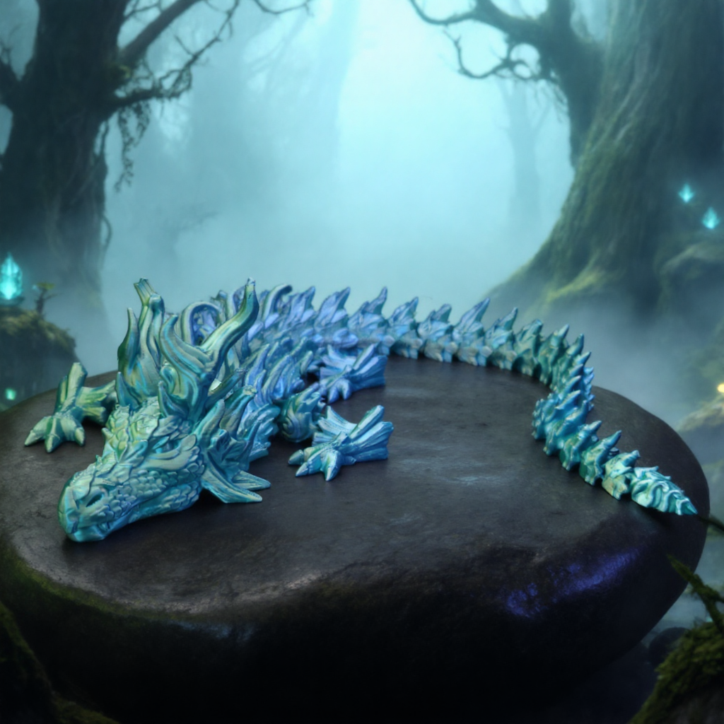 Blue dragon sculpture on a dark stone platform with a mystical forest background
