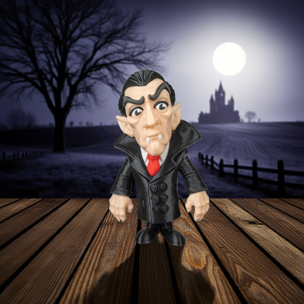 Vampire figurine on a wooden platform with a spooky background