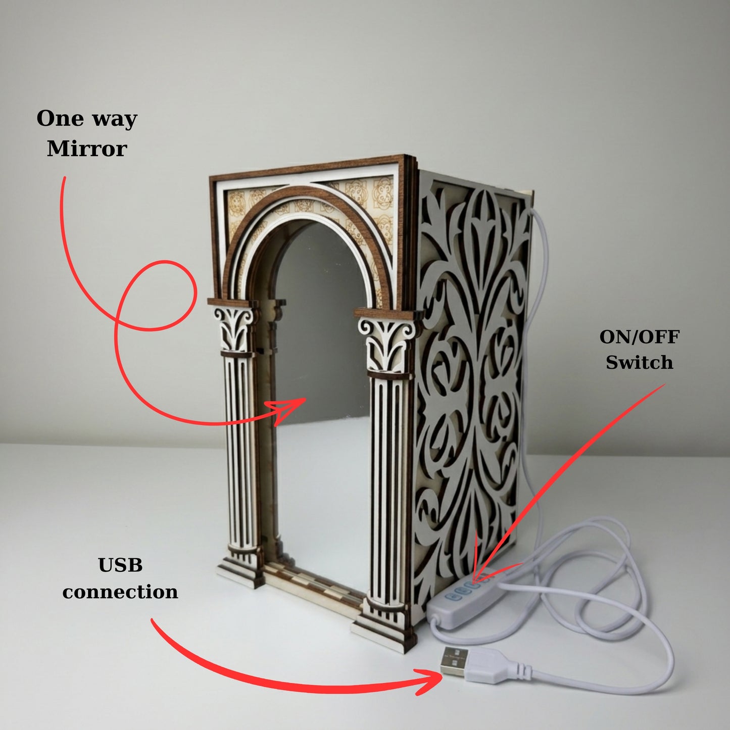 A decorative rectangular mirror with an ornate classical column design, shown with red annotation arrows and labels pointing to the one-way mirror face, USB connection, and on/off switch.
