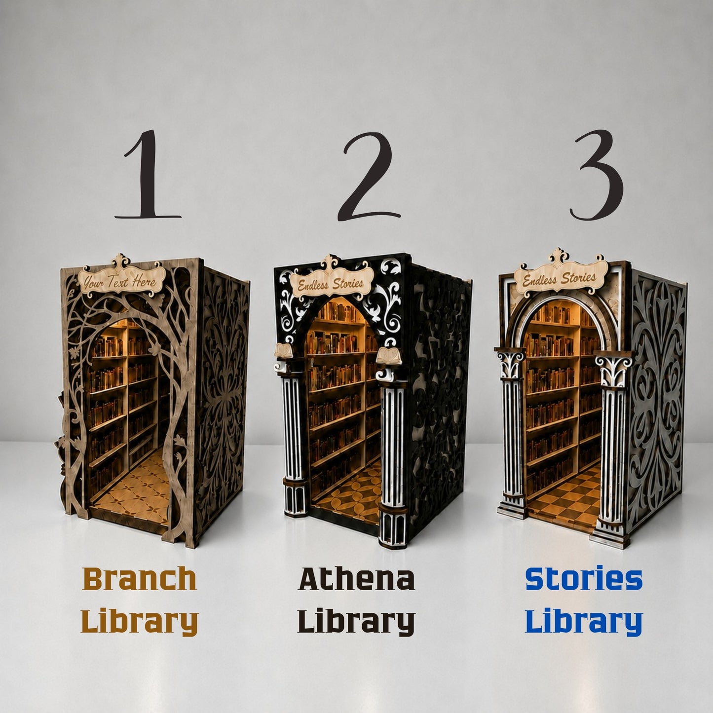 Three miniature decorative library models shown side by side with labels: Branch Library, Athena Library, and Stories Library. The designs feature different ornate wood and black-and-gold architectural details, with numbered 1, 2, and 3 above each model on a light gray background.