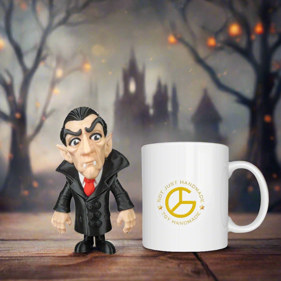 Vampire figurine next to a mug with a logo on a wooden surface with a Halloween-themed background