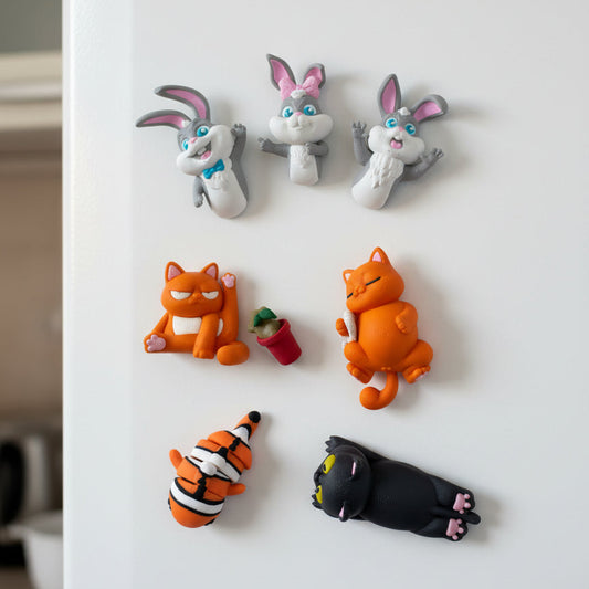 Set of cartoon character magnets on a white surface