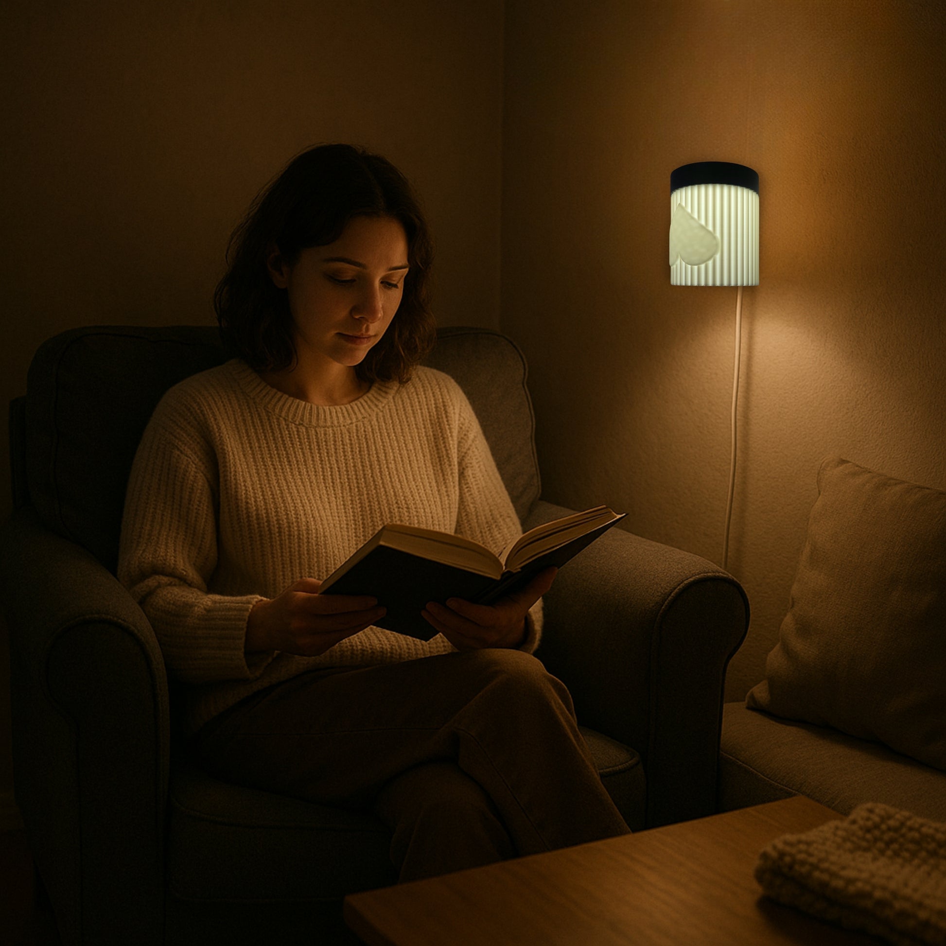 Woman reading a book in a dimly lit room with a lamp providing light.