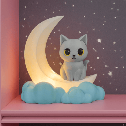 Cat-shaped night light on a crescent moon with a starry background