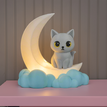 Cute cat-shaped night light on a crescent moon with cloud base, glowing softly.