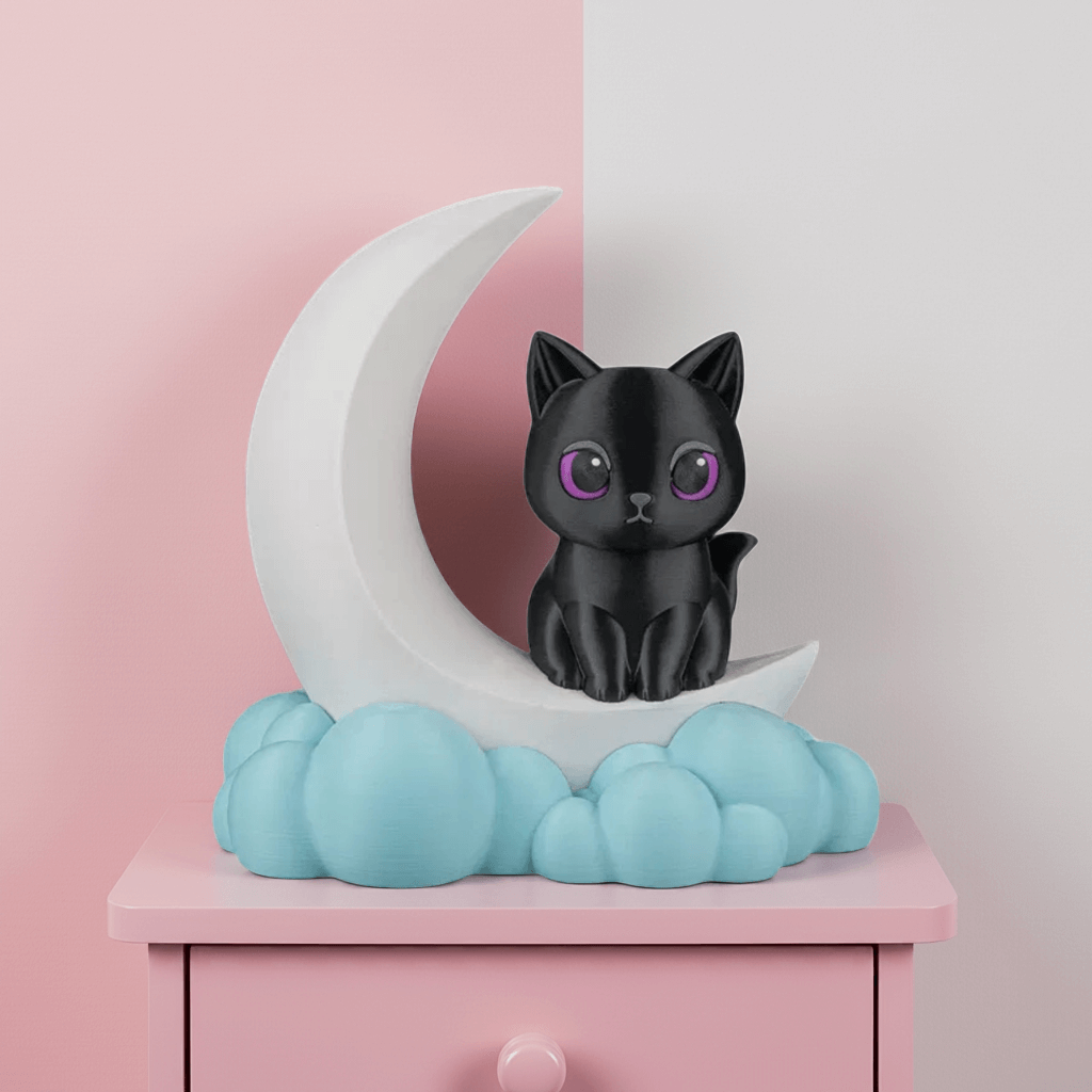 Black cat figurine on a white crescent moon with blue clouds against a pink background