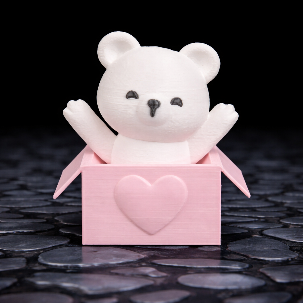 White teddy bear in a pink box with a heart on a dark surface