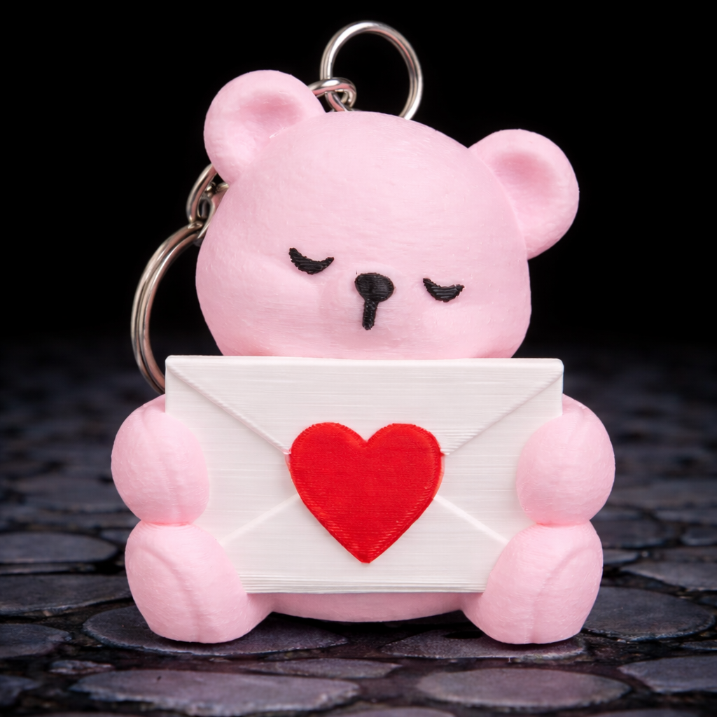 Pink teddy bear keychain with a red heart on a dark stone surface