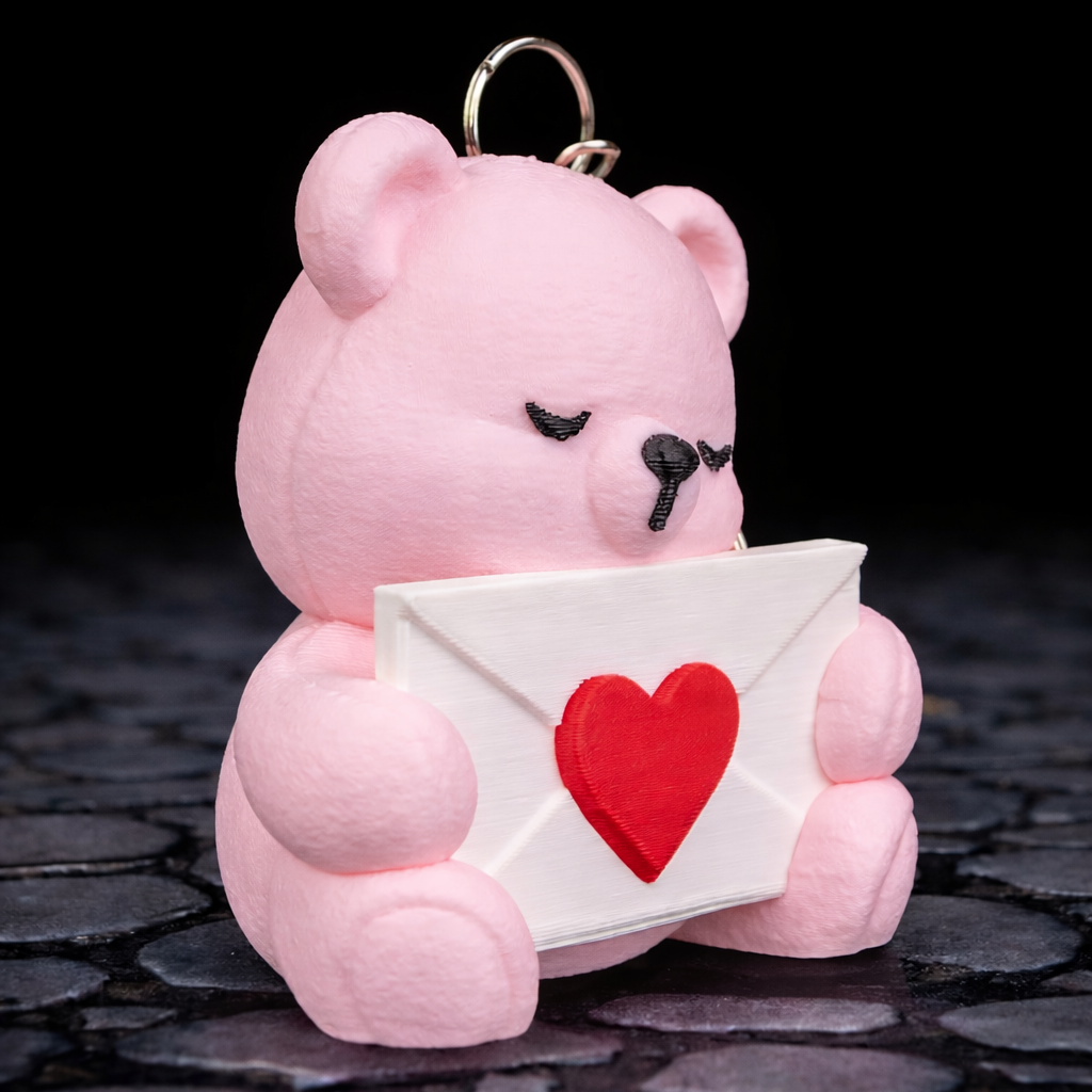 Pink teddy bear keychain holding a heart-shaped envelope on a dark stone surface