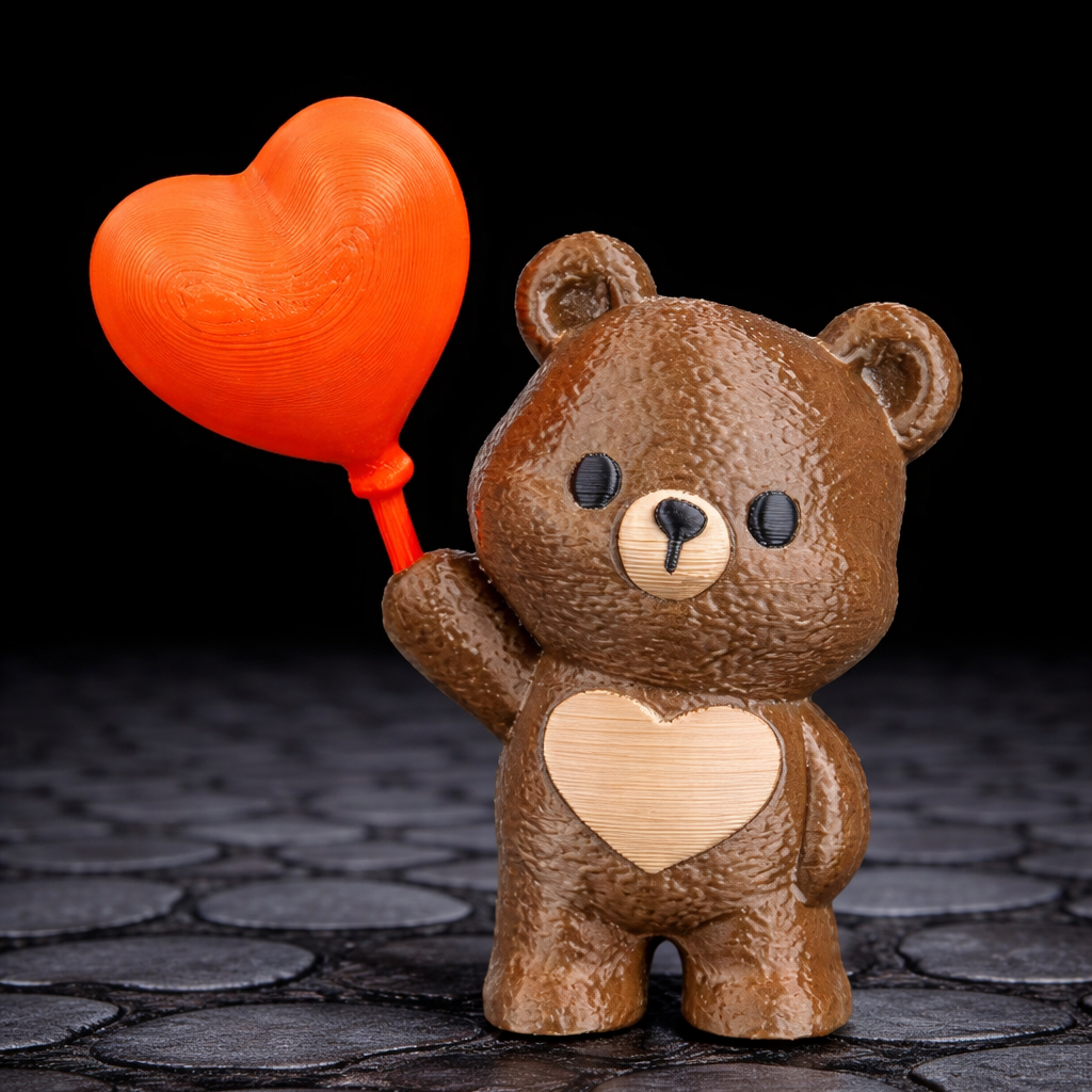 Brown teddy bear with a heart-shaped balloon on a dark stone surface