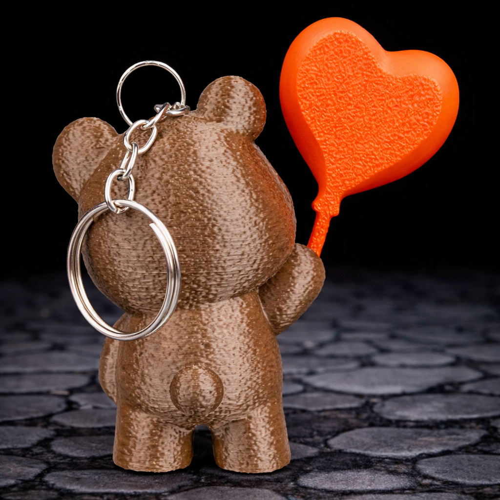 Brown bear-shaped keychain with a heart-shaped balloon on a dark stone surface