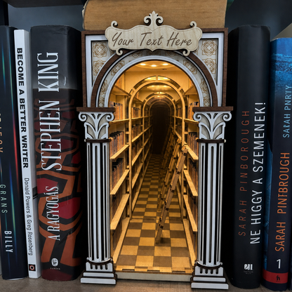 Decorative bookend with archway design resembling a library, surrounded by books.