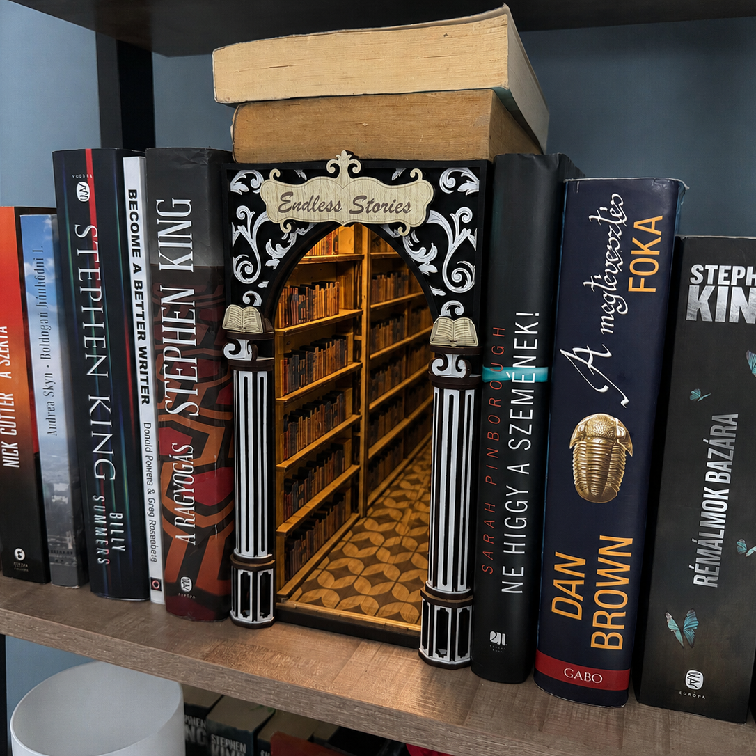 Bookshelf with books and a decorative archway labeled 'Endless Stories'.