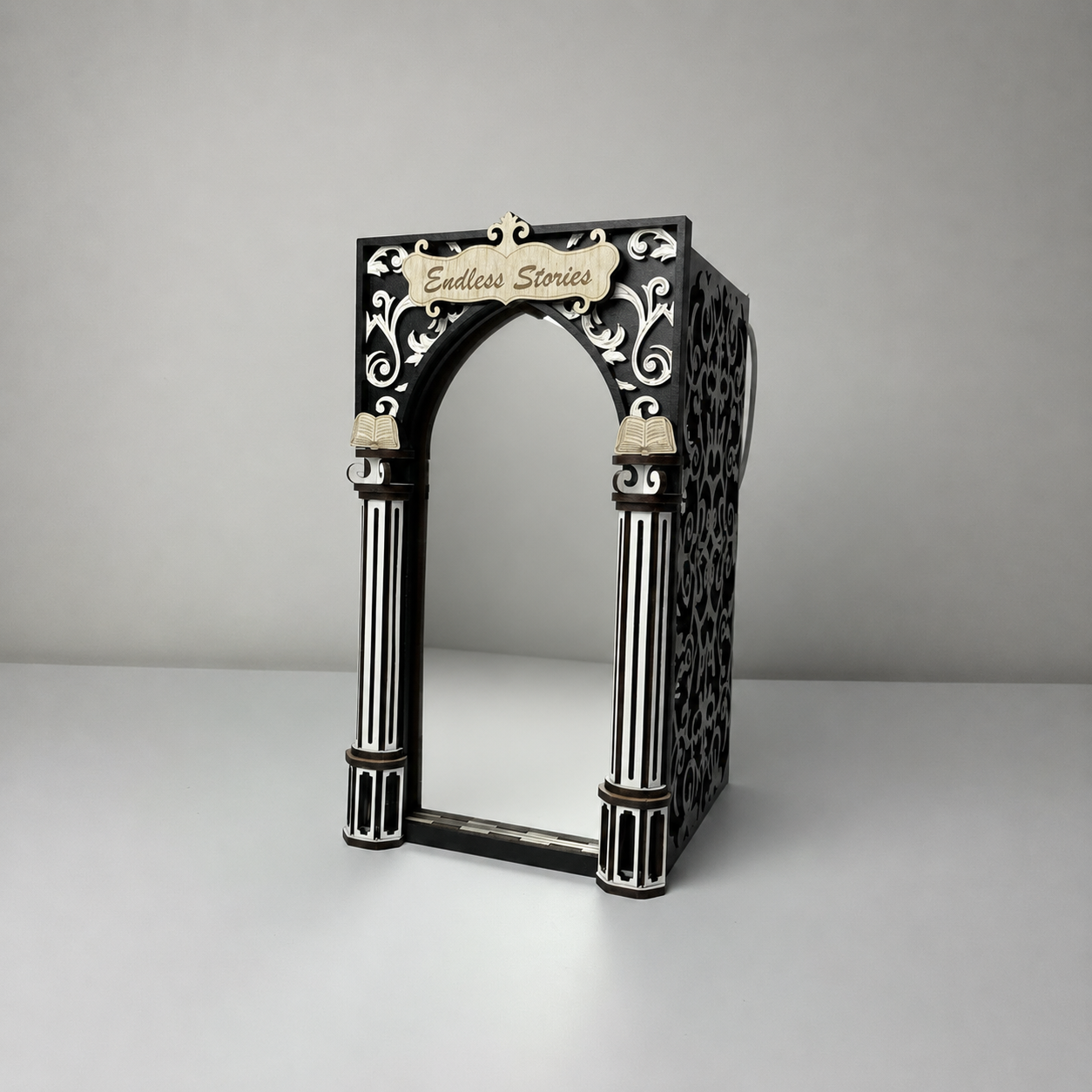Decorative bookend with 'Endless Stories' text on a gray background