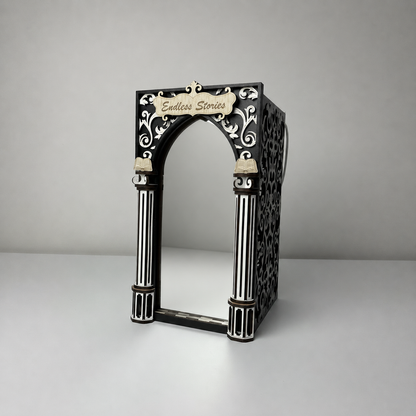 Decorative bookend with 'Endless Stories' text on a gray background