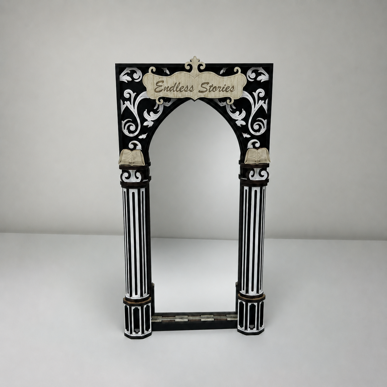 Decorative arch with 'Endless Stories' text on a white background