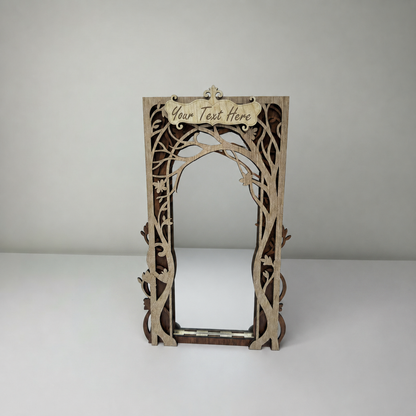 Decorative wooden frame with cut-out design on a white background