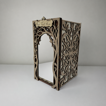Decorative wooden frame with intricate cut-out patterns on a white background