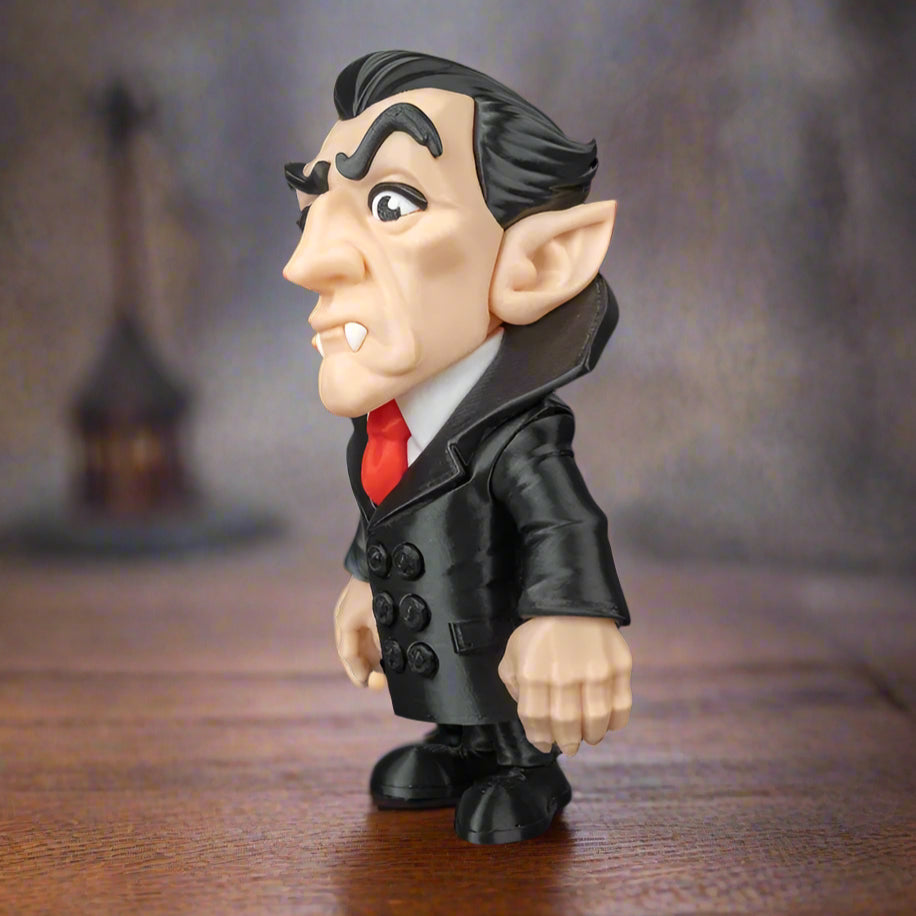 Toy figure of a character with pointed ears and a suit on a black background