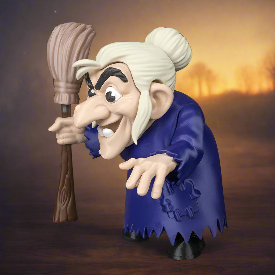 Animated character figurine with a broom on a black background
