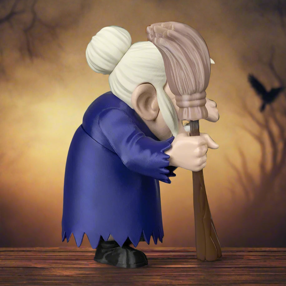 Animated character with white hair and a blue outfit holding a broom against a black background