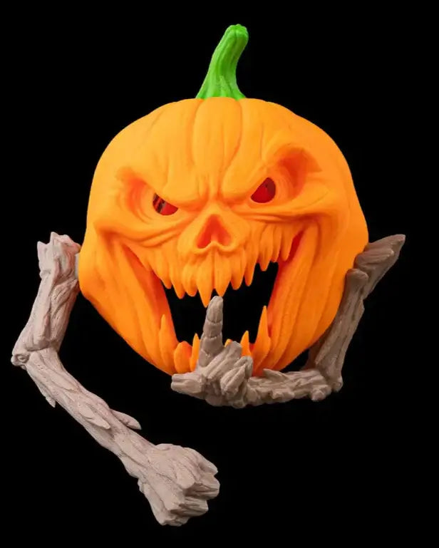 Halloween-themed pumpkin with a carved face and skeleton hands on a black background